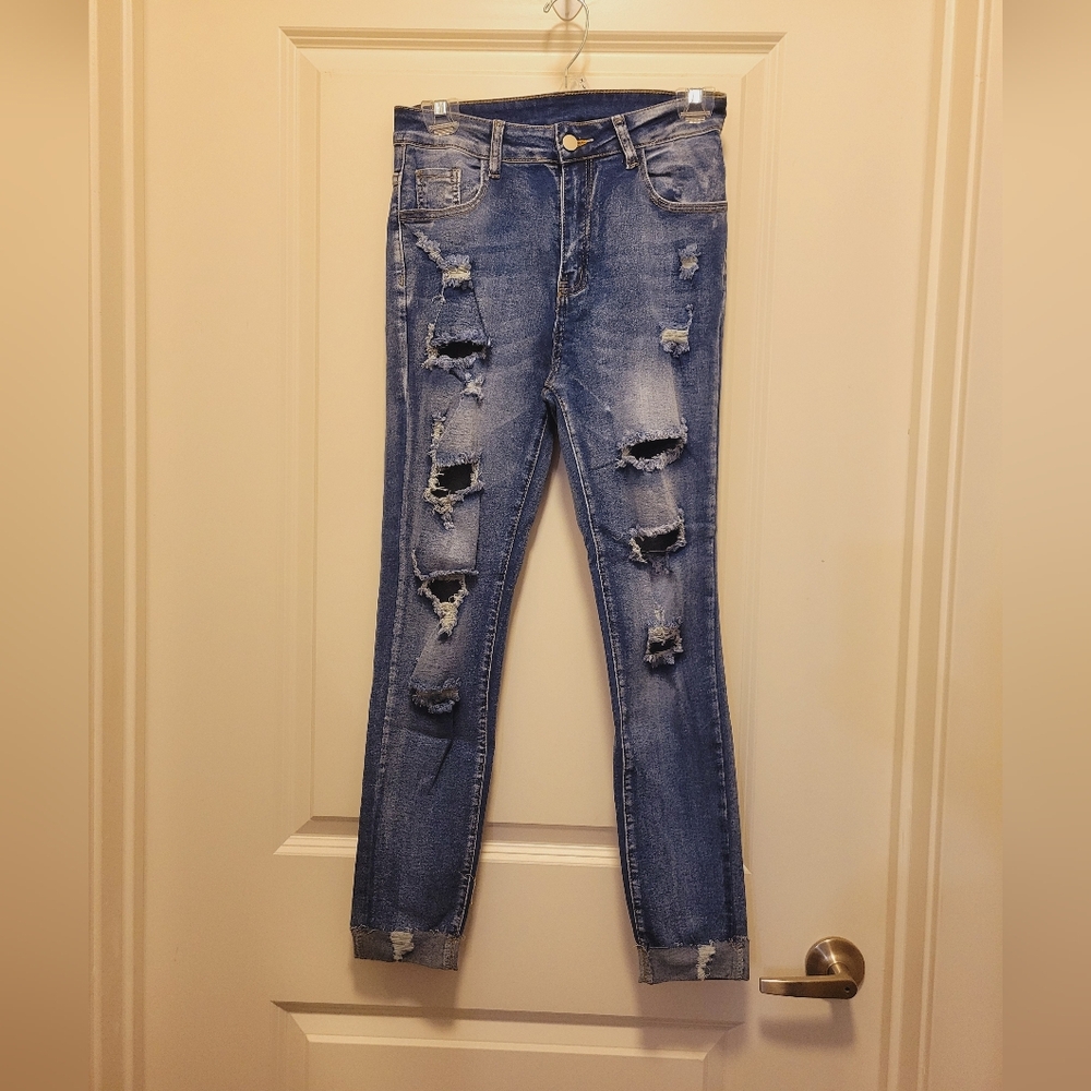 Medium Blue Distressed Skinny Fit High Rise Jeans
